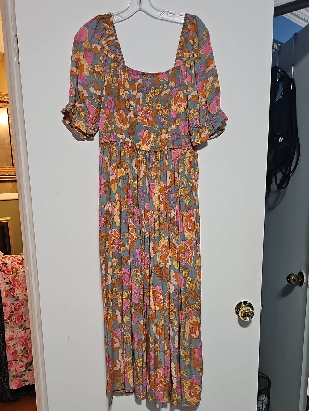 Floral Maxi Dress in Pink Mustard & Gray Womens Large Smocked Bodice Puff Sleeve